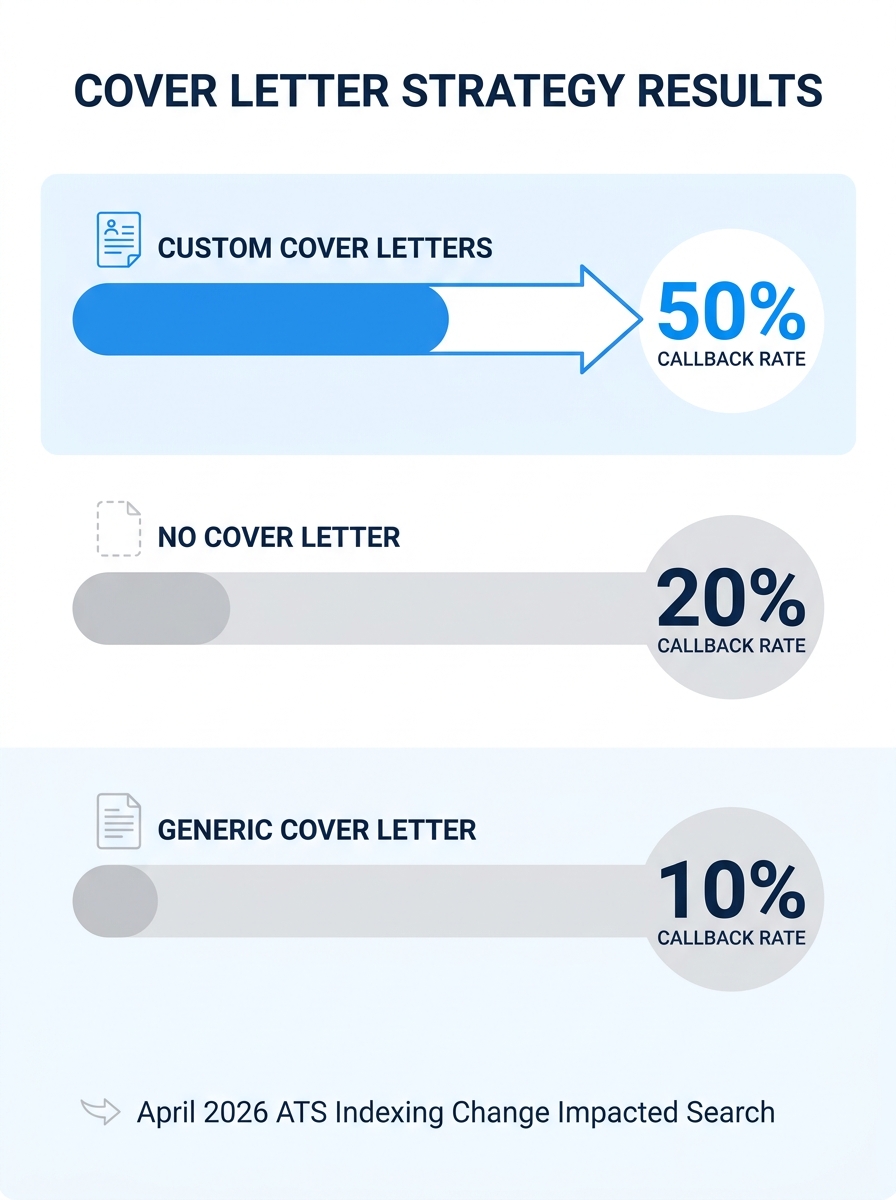 Infographic comparing three cover letter approaches with callback rates displayed as horizontal bar charts - custom cover letters at 50%, no cover letter at 20%, and generic cover letters at 10%, with