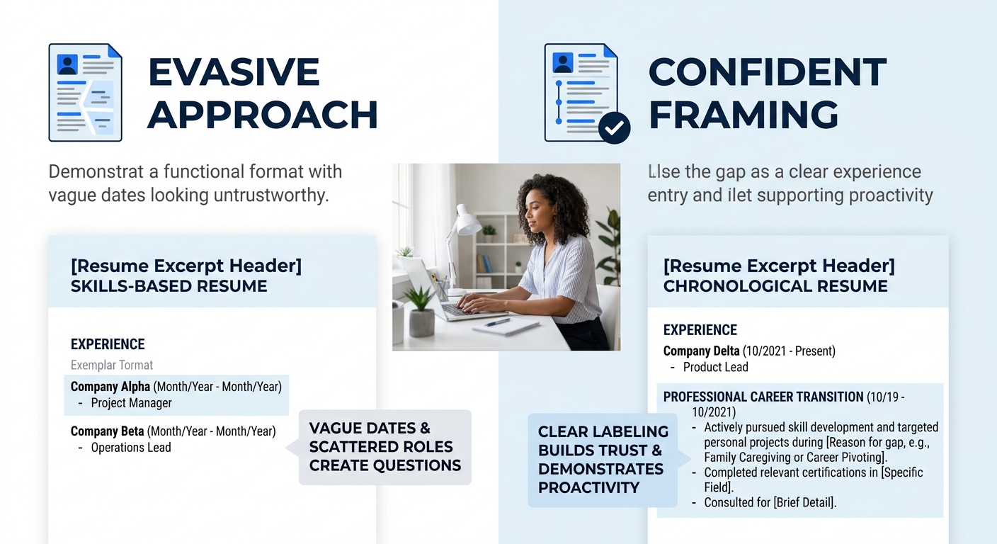 Side-by-side comparison of two resume excerpts showing the same two-year employment gap, with the left version using vague dates and a functional format that looks evasive, and the right version showi