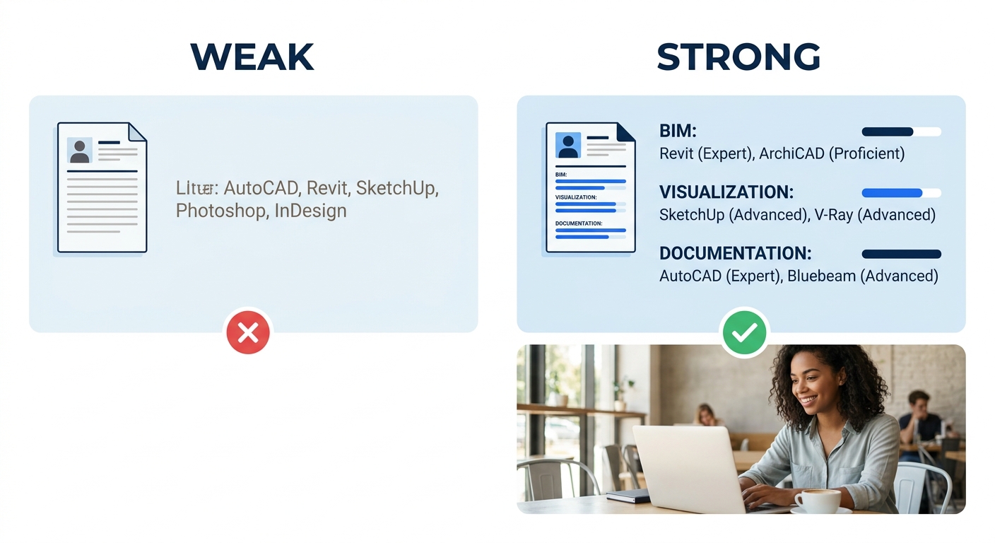side-by-side comparison of a weak architecture resume skills section listing software in one generic line versus a strong categorized section with proficiency levels for BIM, visualization, and docume