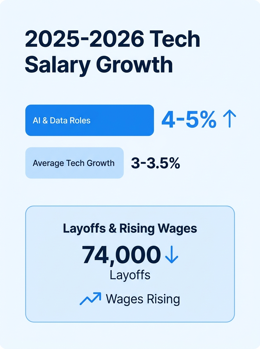 A bar chart infographic comparing salary growth percentages across different tech job clusters in 2025-2026, highlighting AI and Data roles at 4-5% growth versus the 3-3.5% average, with a callout sho