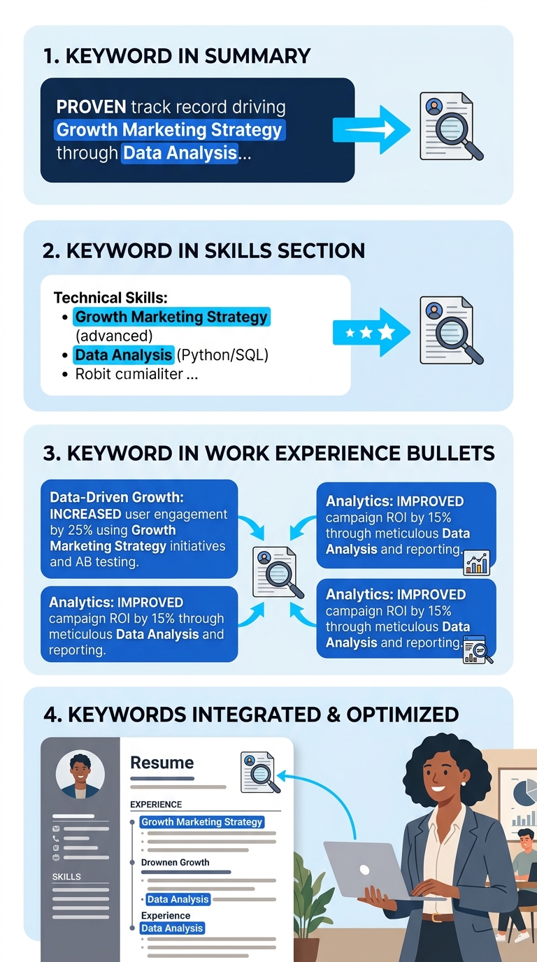 a sample resume page with highlighted sections showing keyword placement, with color-coded annotations marking the summary, skills section, and work experience bullets, indicating how the same skill a