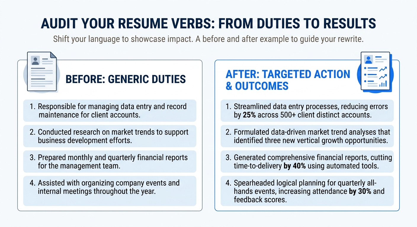 A side-by-side comparison showing a 4-bullet resume experience section before and after a verb audit, with the left side showing generic duty-based bullets and the right side showing the same role rew