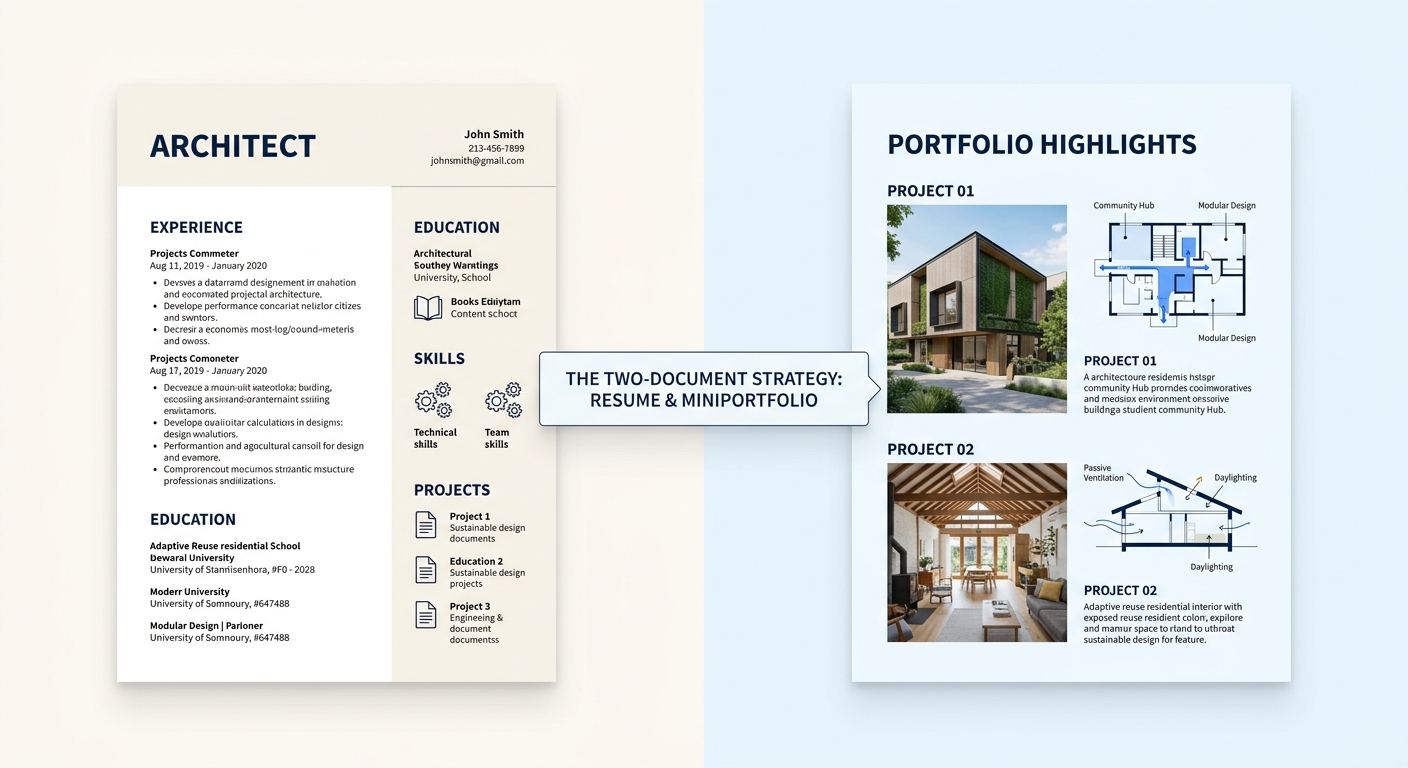 A side-by-side mockup showing a clean one-page architecture resume in simple black-and-white formatting on the left, next to a beautifully designed mini-portfolio page with project photography and dia