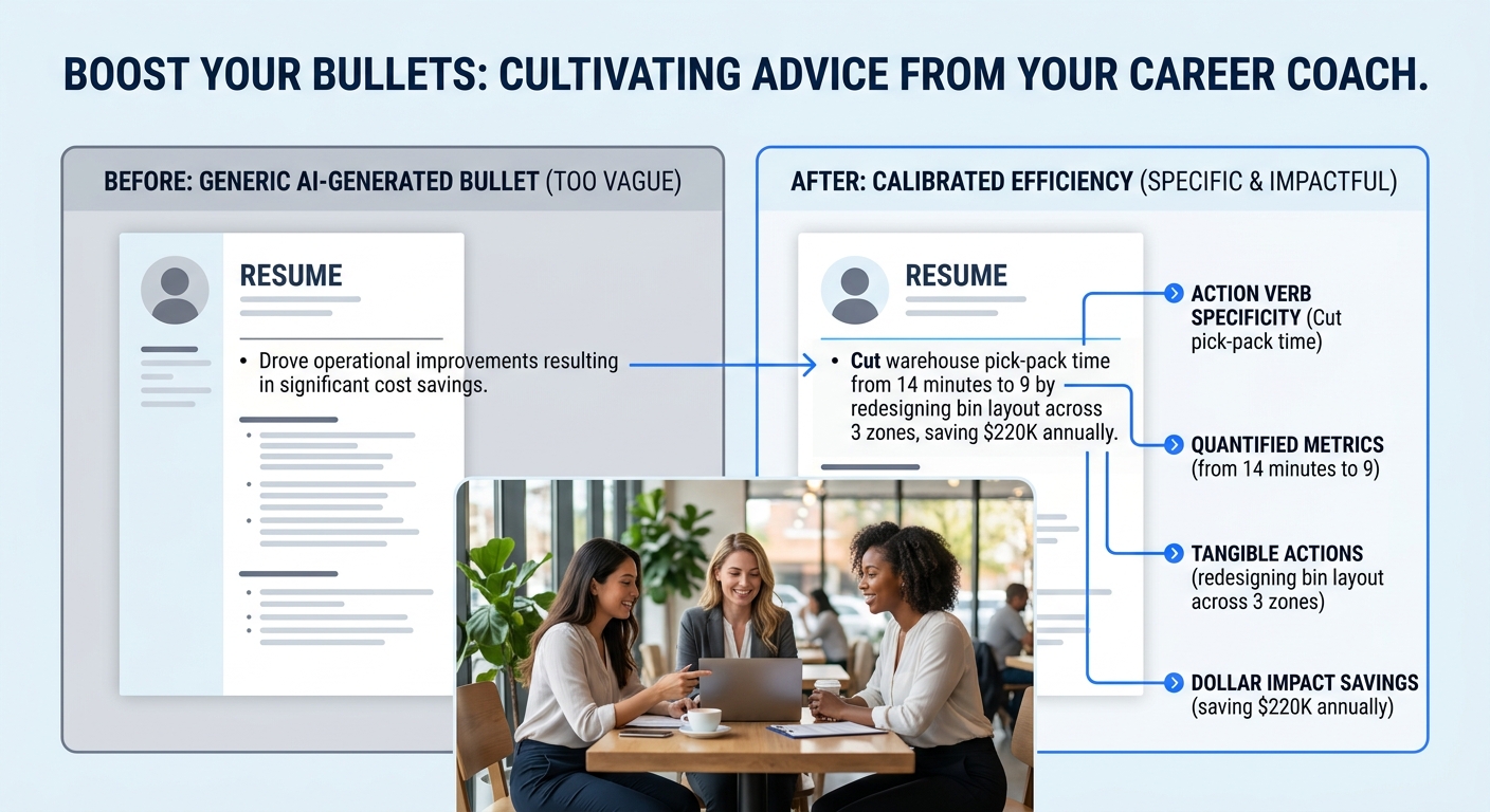 A side-by-side comparison showing a generic AI-generated resume bullet on the left reading "Drove operational improvements resulting in significant cost savings" versus a calibrated version on the rig