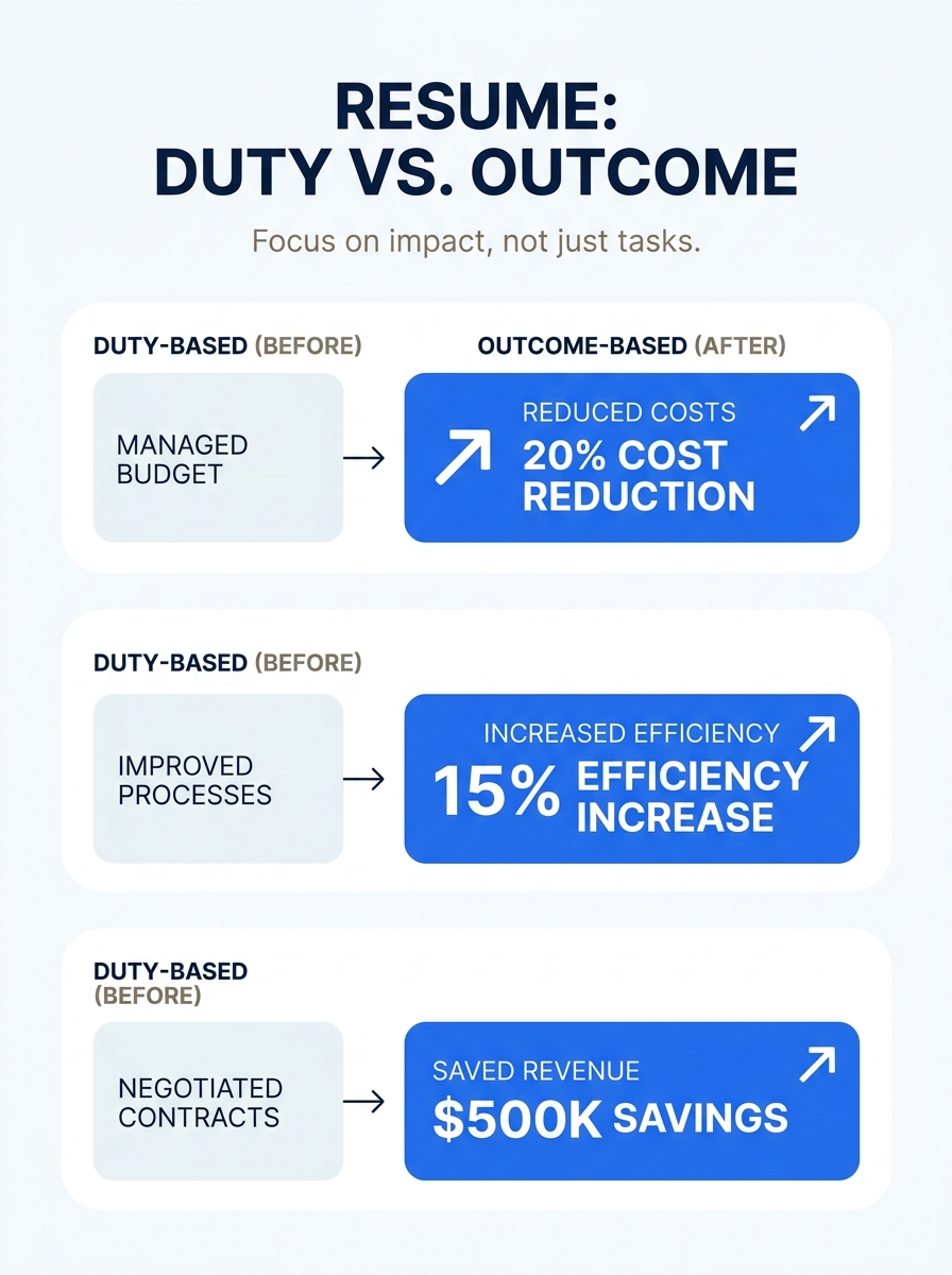 Infographic comparing three duty-based resume bullets on the left with their outcome-based rewrites on the right, showing specific metrics like 20% cost reduction, 15% efficiency increase, and $500K s