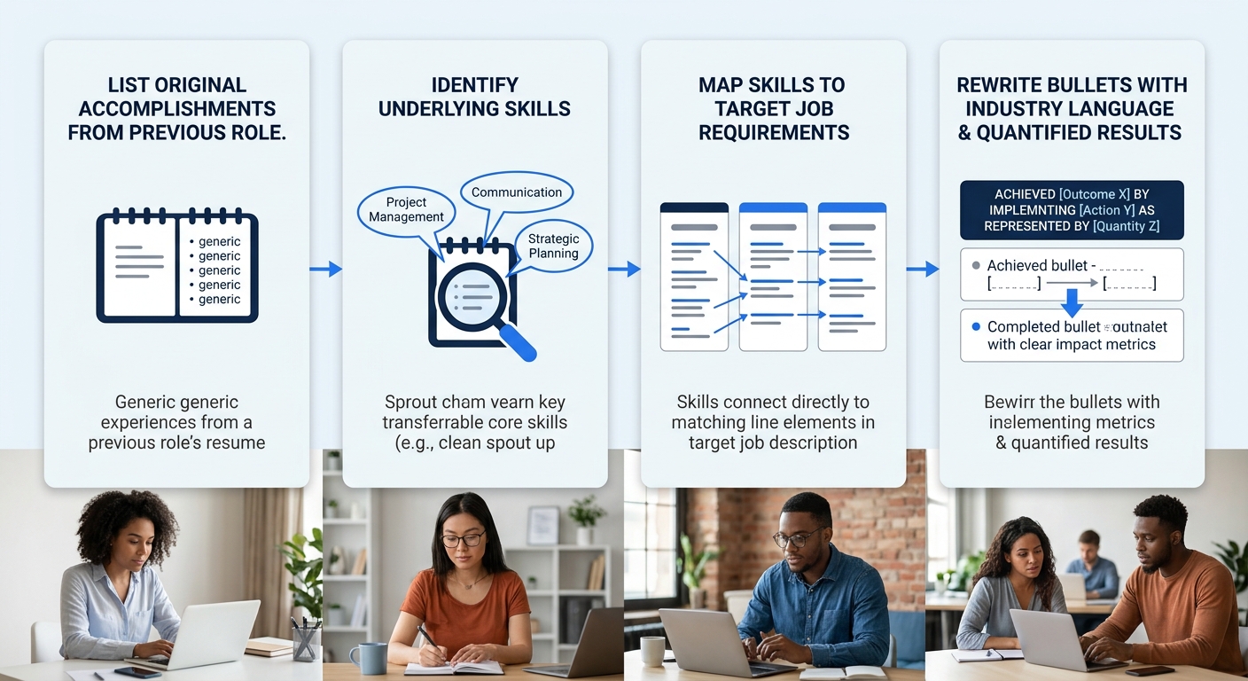 A flowchart diagram showing the skill mapping process: Step 1 lists original accomplishments from previous role, Step 2 identifies underlying skills, Step 3 maps those skills to target job requirement