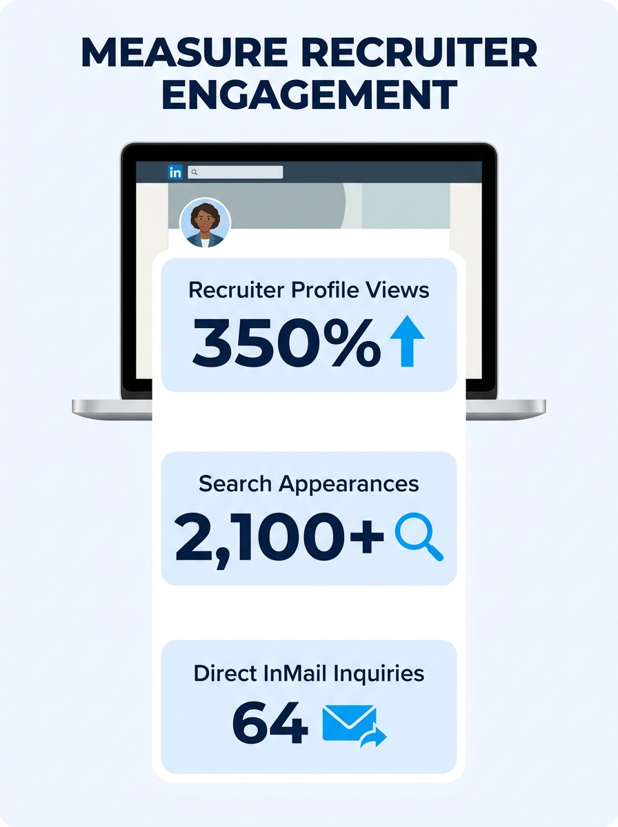 Software professional reviewing LinkedIn profile analytics on laptop screen showing recruiter engagement metrics