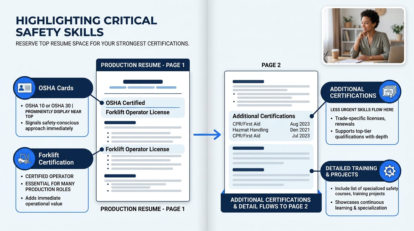 A diagram showing the recommended placement of different safety certifications on a two-page production resume, with OSHA cards and forklift certification highlighted on page one and additional certif