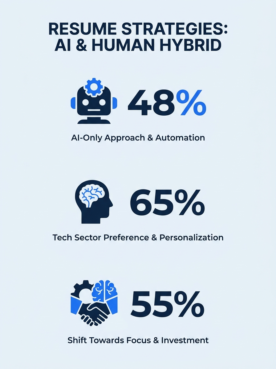 Infographic showing three columns comparing three resume strategies — AI-Fluency, Human-Edge, and Hybrid Augmentation — with key statistics from the ResumeTemplates.com survey including 48% prefer AI,