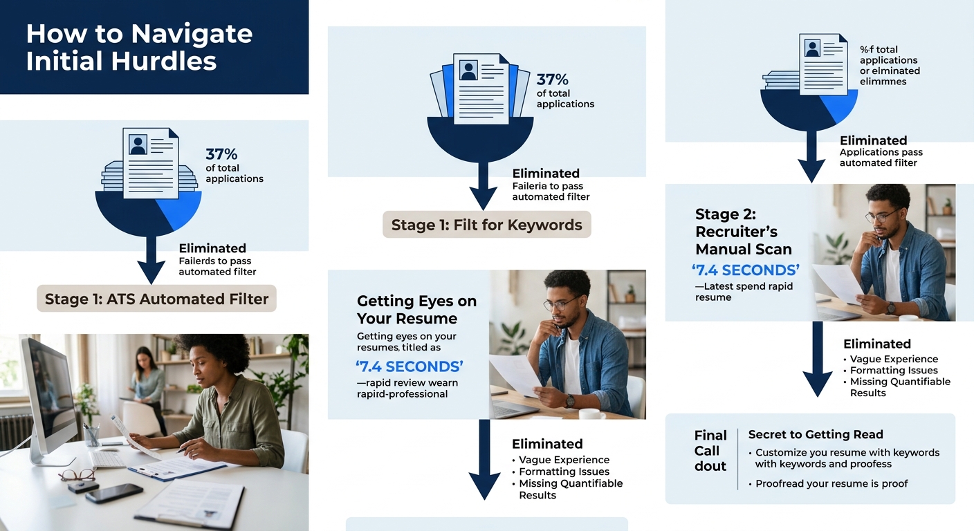 A flowchart showing the two-stage resume screening process - first an ATS automated filter screening 37% of applications, then a recruiter's 7.4-second manual scan of surviving resumes, with arrows sh