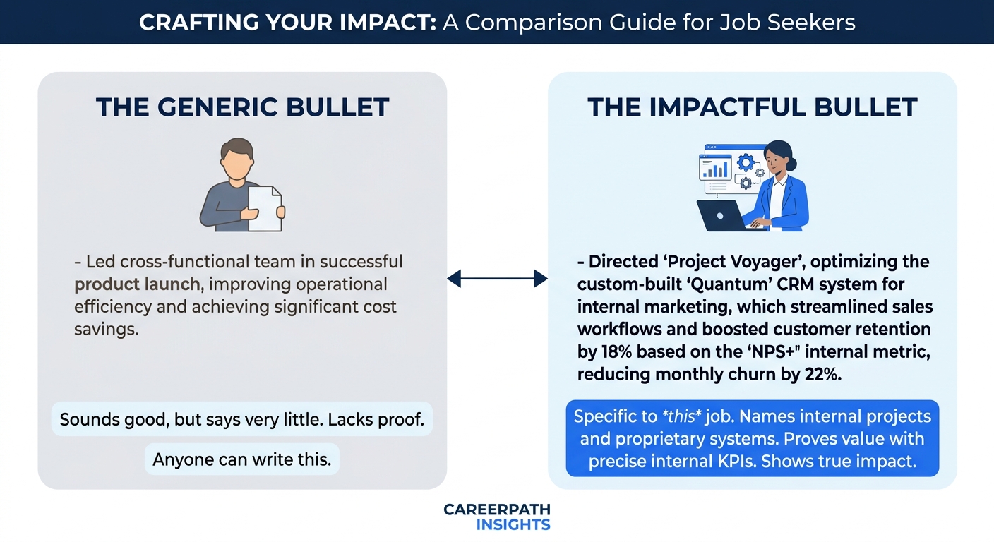 a side-by-side comparison of two resume bullet points showing the difference between a generic external-style bullet and one rich with company-specific language, internal project names, proprietary sy