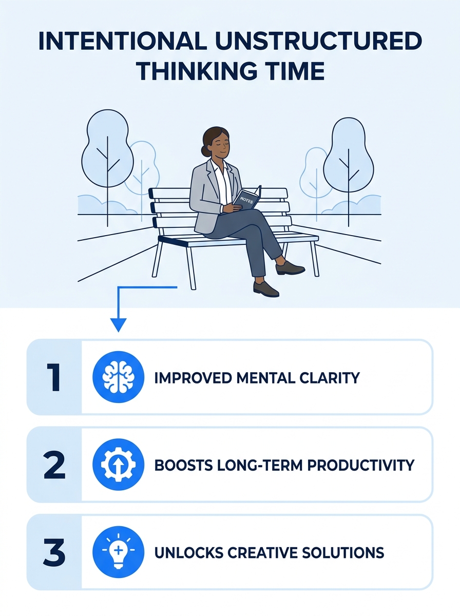 A professional sitting quietly in a park during lunch break with a closed notebook, representing intentional unstructured thinking time