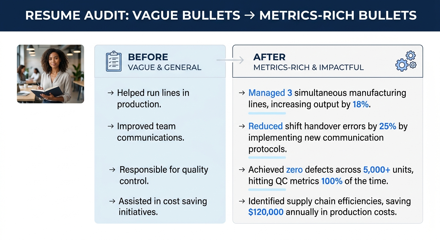 A side-by-side comparison showing a before column of 4 vague production resume bullets on the left and their audited, metrics-rich versions on the right, with the specific numbers highlighted in each