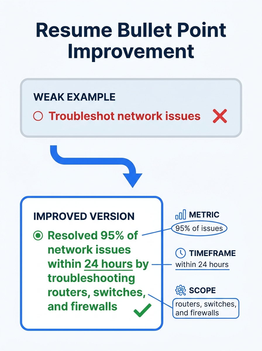 A side-by-side comparison of a weak resume bullet point reading 'Troubleshot network issues' on the left in red, and the improved version 'Resolved 95% of network issues within 24 hours by troubleshoo