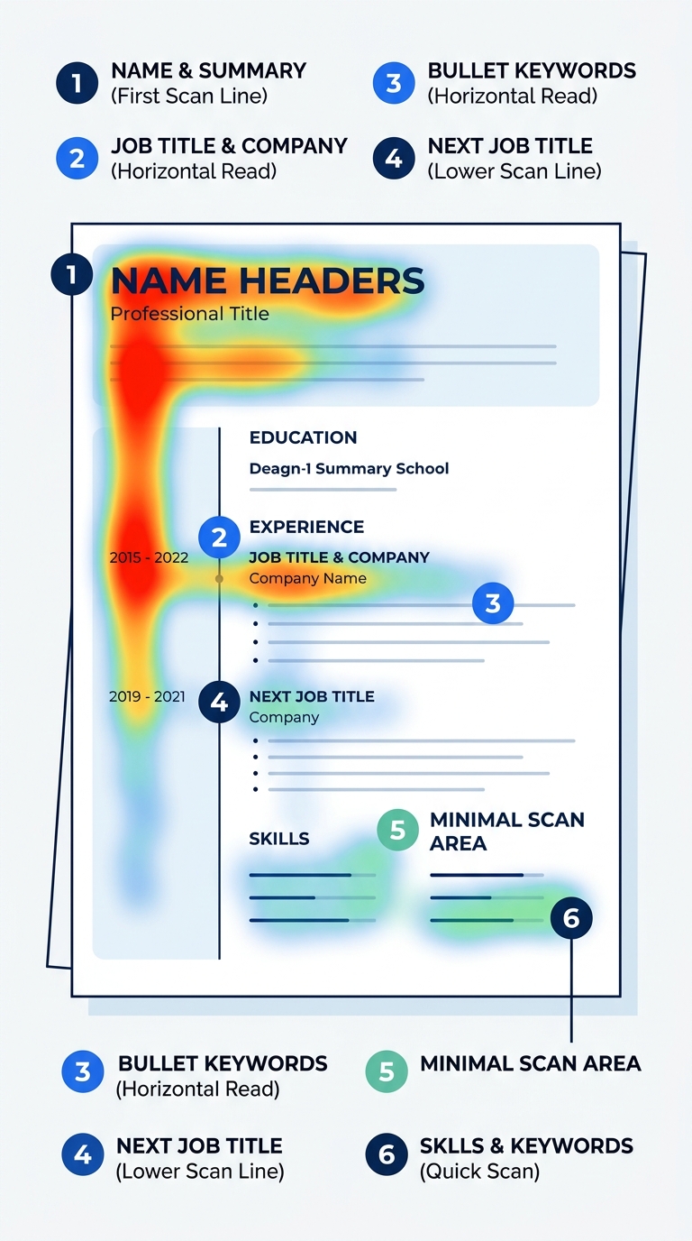 Heatmap-style illustration of a resume page showing the F-pattern scanning behavior, with intense red and orange coloring concentrated on the top-left quadrant around the name, title, and company, fad