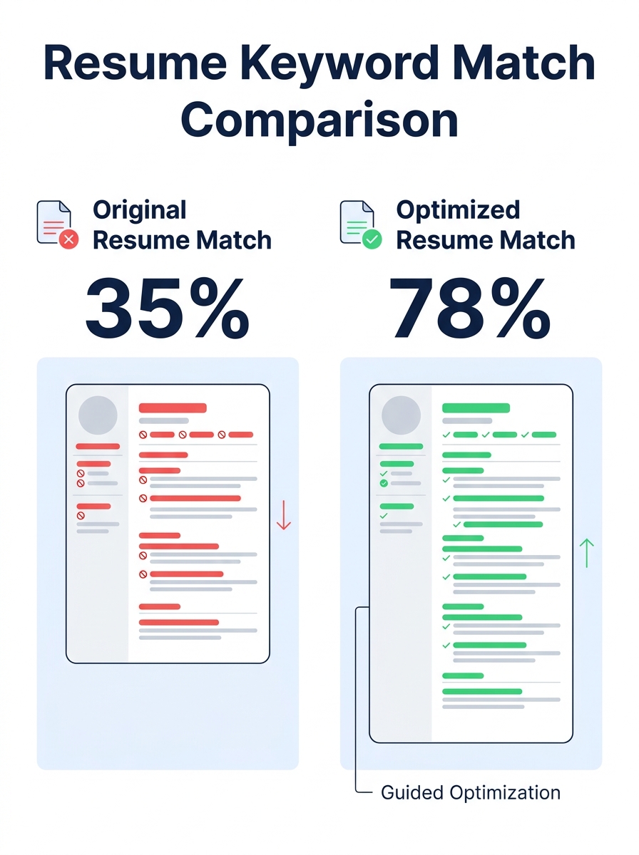 An infographic comparing two resume keyword match scores side by side — one showing a 35% match rate with red-highlighted missing keywords, and another showing a 78% match rate after ChatGPT-guided op