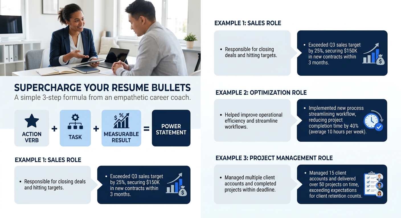 Infographic showing the three-part resume bullet formula — Action Verb plus Task plus Measurable Result — with three example transformations showing passive bullets converting to formula-based power s