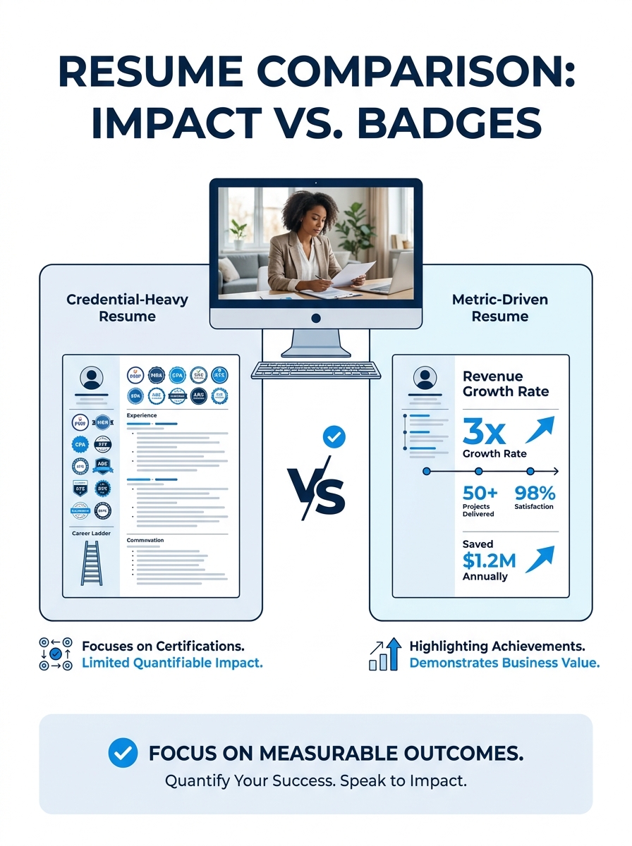 A professional at a desk reviewing two contrasting resumes side by side, one covered in credential logos and certification badges, the other clean and text-focused with highlighted metrics and achieve