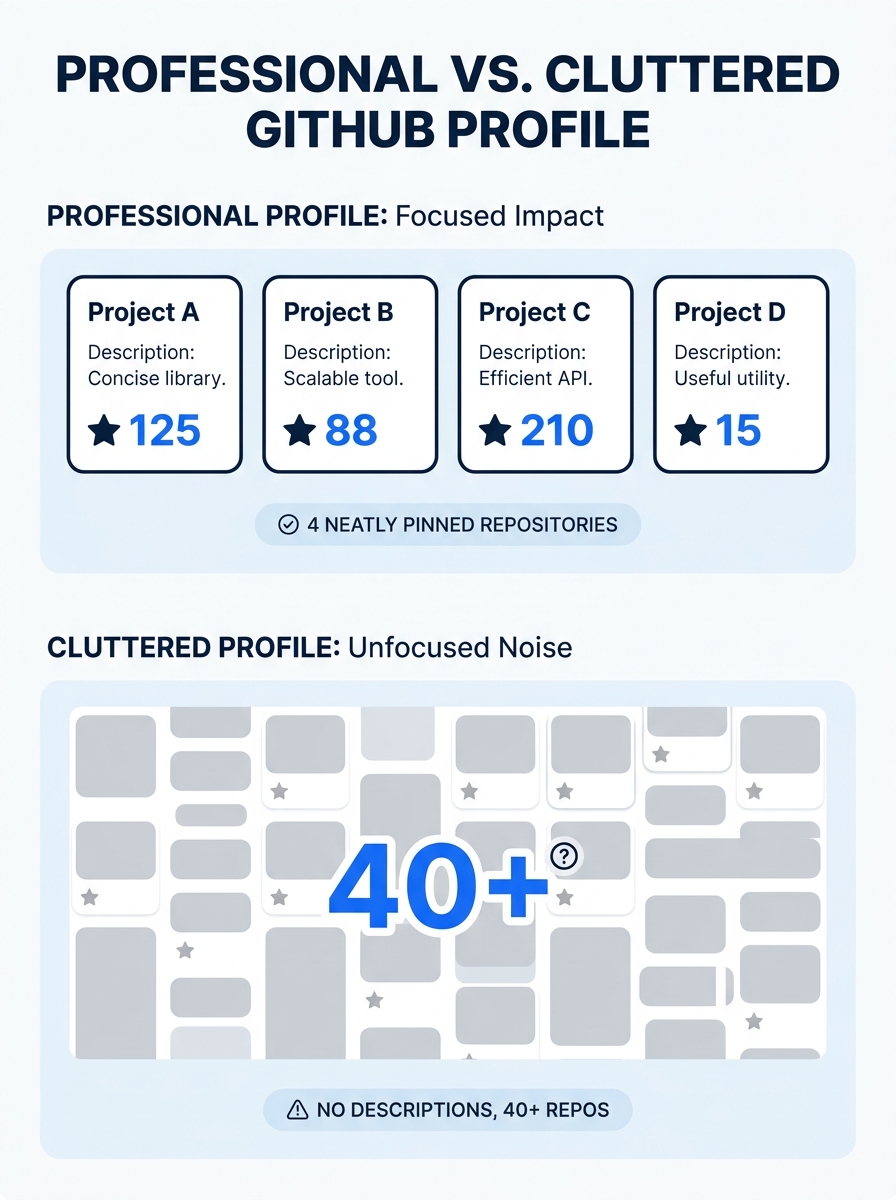 A GitHub profile page showing 4 neatly pinned repositories with clear descriptions and star counts, contrasted against a cluttered profile with 40-plus visible repos and no descriptions