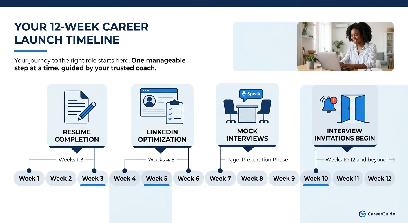 illustration of a career coaching timeline showing weeks 1 through 12, with milestones like resume completion at week 3, LinkedIn optimization at week 5, mock interviews at week 7, and interview invit
