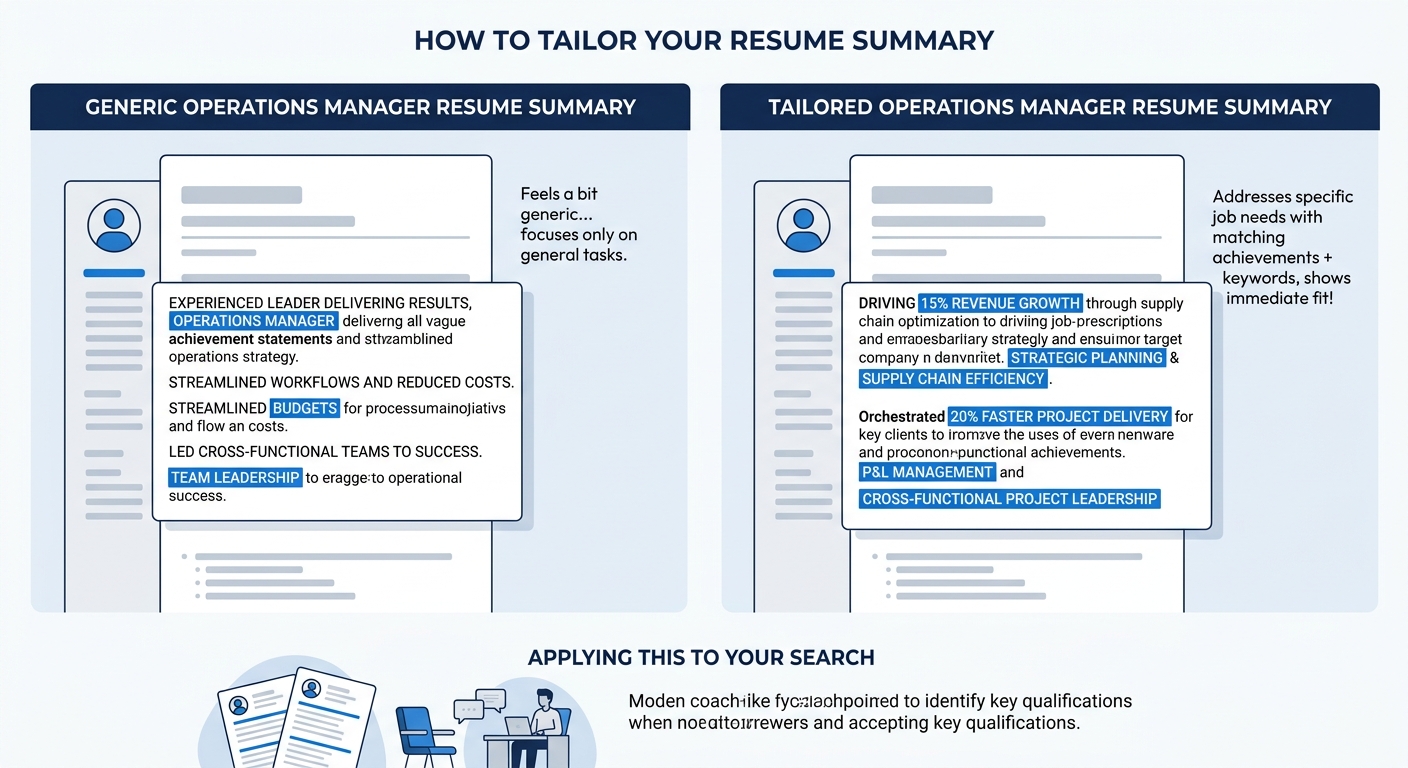 A side-by-side comparison showing a generic operations manager resume summary on the left versus a tailored version on the right, with highlighted keyword matches from a sample job description