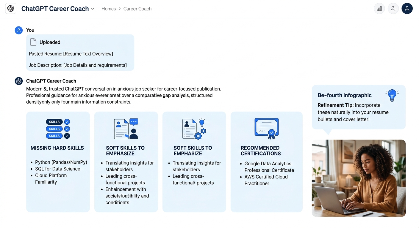 A screenshot-style illustration showing a ChatGPT conversation where a user has pasted their resume and job description, and the AI has responded with a structured three-column gap analysis listing ha
