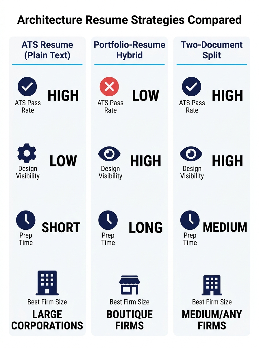 Infographic comparing three architecture resume strategies side by side — a plain-text ATS resume column, a visual portfolio-resume hybrid column, and a two-document split column — with icons showing