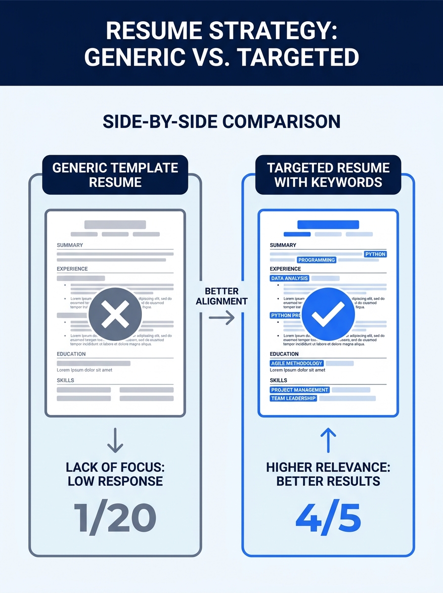a side-by-side comparison showing a generic template resume on the left with placeholder text versus a targeted resume on the right with keywords highlighted from a specific job posting