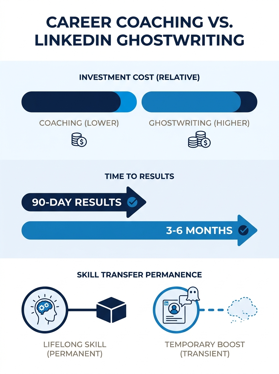 infographic comparing career coaching and LinkedIn ghostwriting side by side, showing cost bars, timeline arrows for 90-day vs 3-6 month results, and icons representing skill transfer permanence