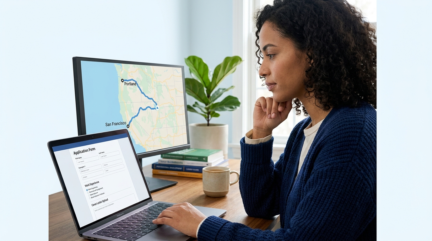 A professional sitting at a home desk with a laptop open to a job application, with a map visible on a second screen showing a route between two cities, conveying the concept of planning a geographic