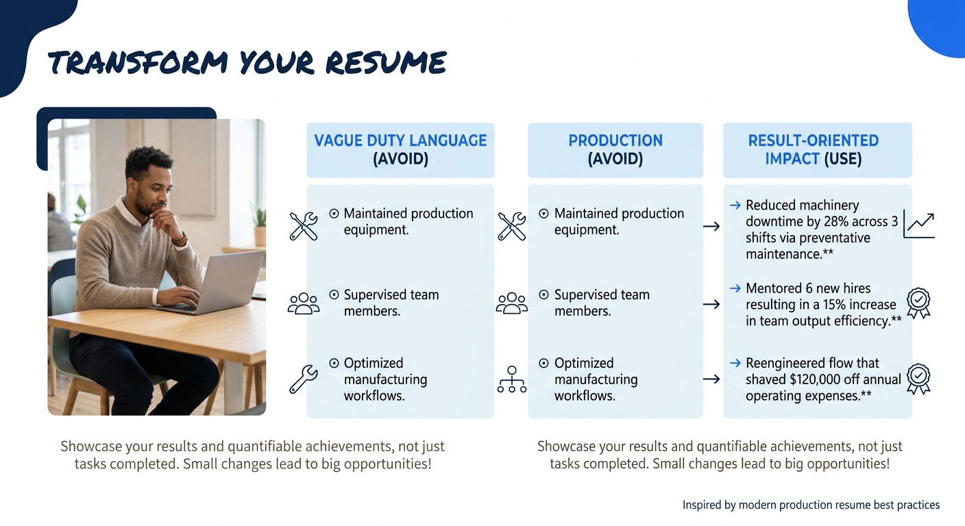 A side-by-side comparison showing three pairs of production resume bullets, with the left column using vague duty language like "Maintained equipment" and "Supervised team members" and the right colum