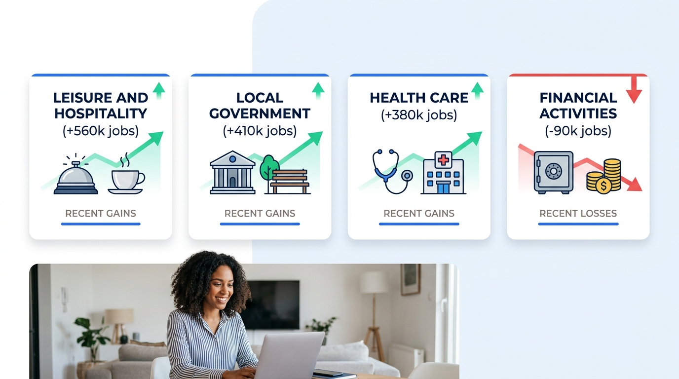 a horizontal comparison showing three growing sectors (Leisure and Hospitality, Local Government, Health Care) with upward green arrows alongside Financial Activities with a red downward arrow, each l