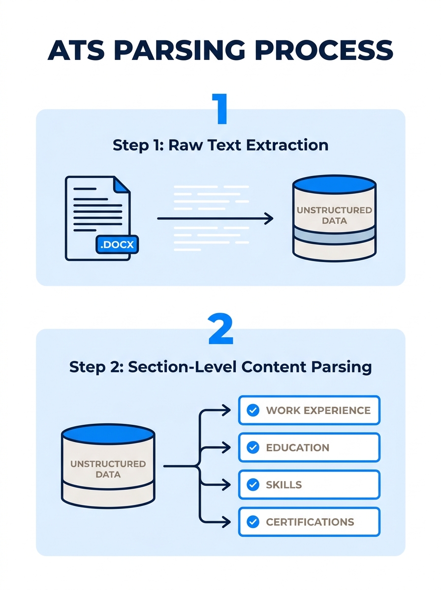 Infographic showing how ATS parsing works in two steps - text extraction pulling data from a resume file into a database, then section-level parsing matching content under standard headings like Work