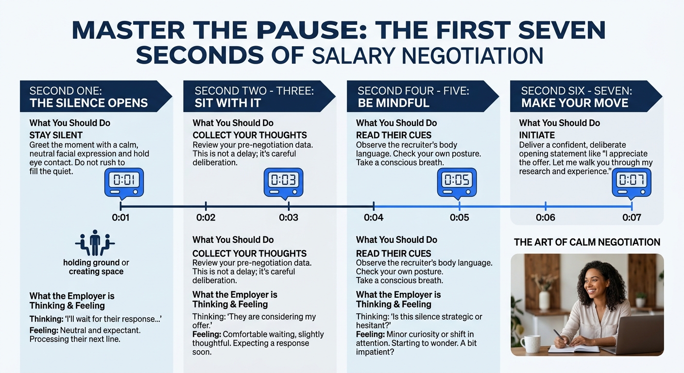 infographic showing the timeline of a salary negotiation pause from second one through second seven, with labels describing what the candidate should do at each interval and what the employer is likel
