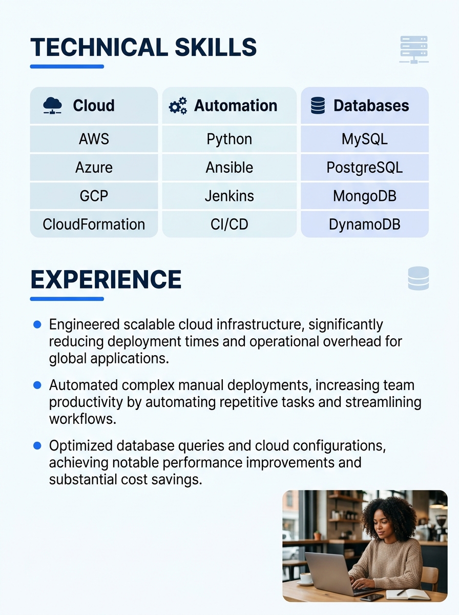 A resume layout mockup showing two distinct sections — a "Technical Skills" section at the top with keywords organized in categories like Cloud, Automation, and Databases, and an "Experience" section