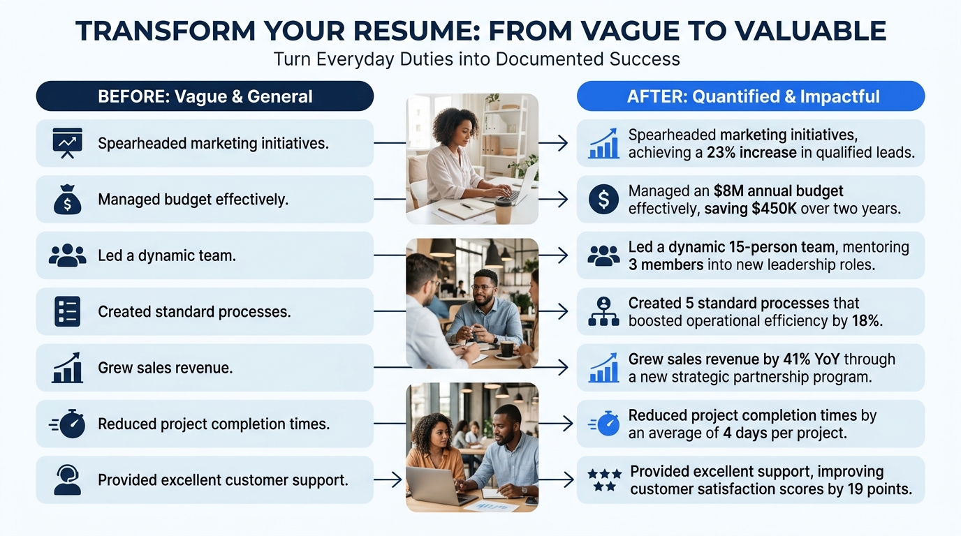 Infographic showing seven original vague resume bullets on the left transforming into seven quantified achievement bullets on the right, with arrows indicating the specific metrics added to each line