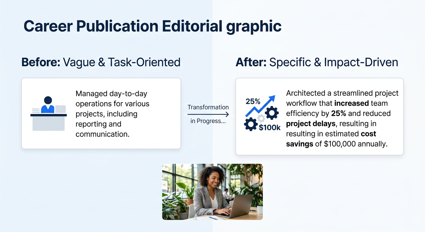 two resume bullet point examples side by side labeled "Before" and "After" showing the transformation from a vague task description to a specific impact-driven bullet with numbers and measurable outco
