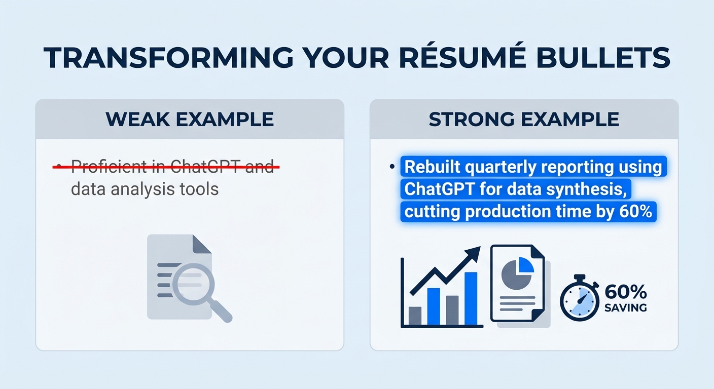 Side-by-side resume bullet point comparison showing a weak example reading "Proficient in ChatGPT and data analysis tools" crossed out in red, next to a strong example reading "Rebuilt quarterly repor