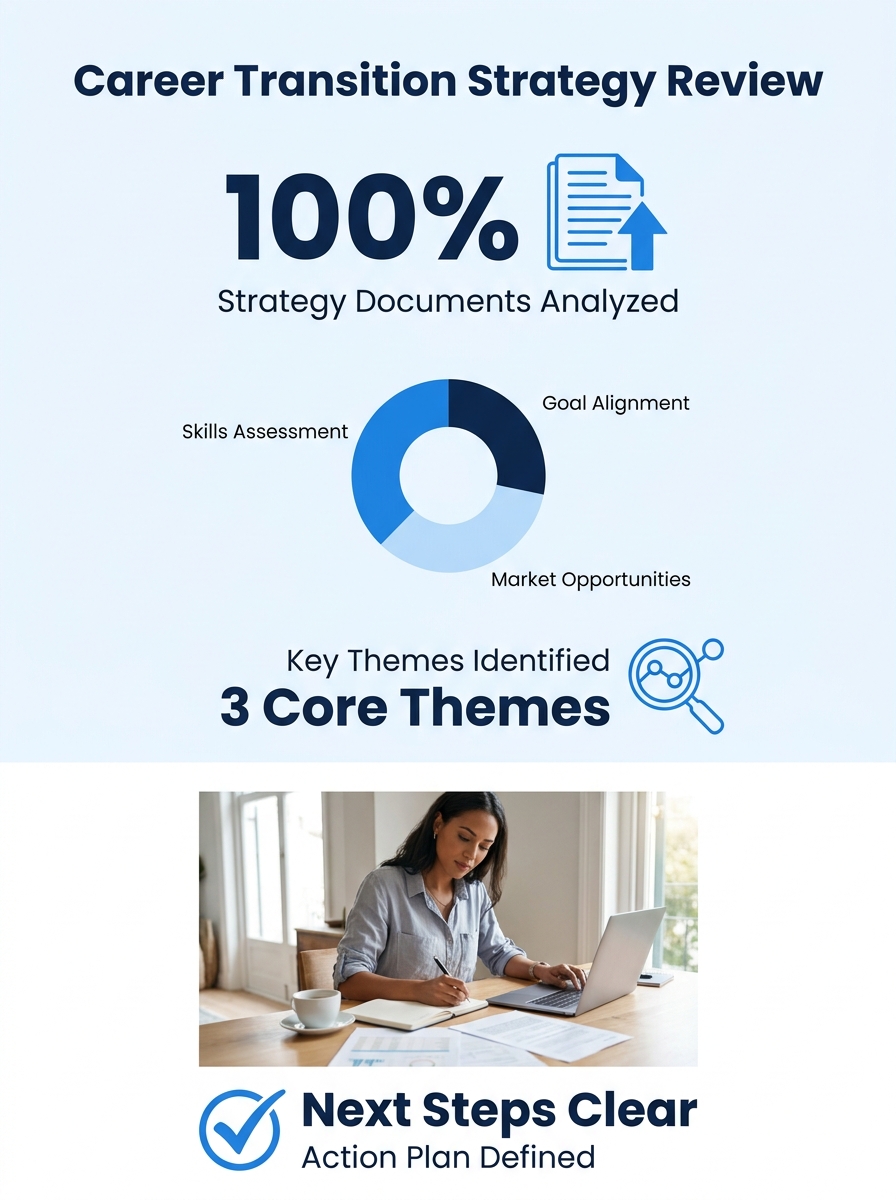 Professional reviewing career transition strategy documents with laptop and notes spread across desk