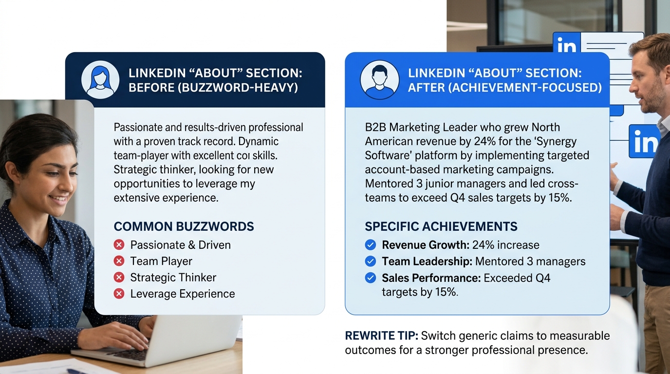 side-by-side comparison of a LinkedIn About section filled with buzzwords versus one rewritten with specific achievements and measurable outcomes