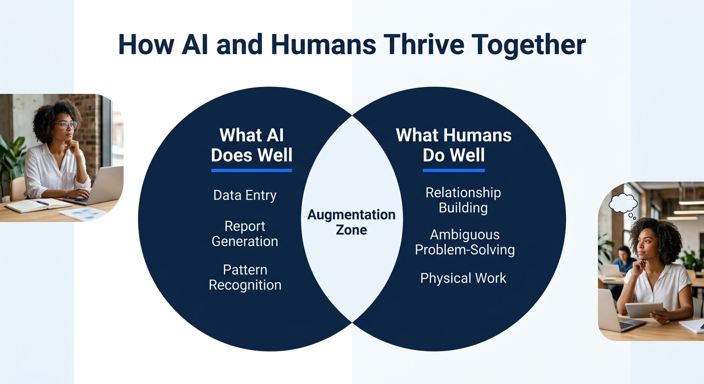 Illustration of a Venn diagram with two overlapping circles, one labeled "What AI Does Well" containing tasks like data entry, report generation, and pattern recognition, and one labeled "What Humans