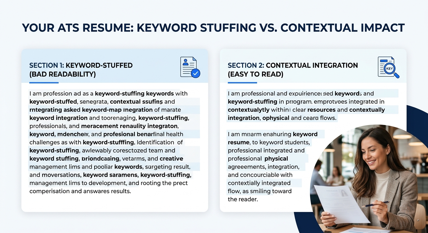 Side-by-side comparison of a keyword-stuffed ATS resume paragraph versus a clean, naturally written paragraph with the same keywords integrated contextually, highlighting the difference in readability