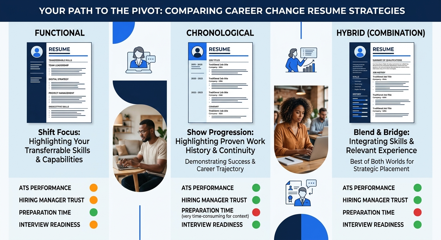 An infographic comparing the three career change resume strategies side by side, showing a visual scorecard with ratings for ATS performance, hiring manager trust, preparation time, and interview read