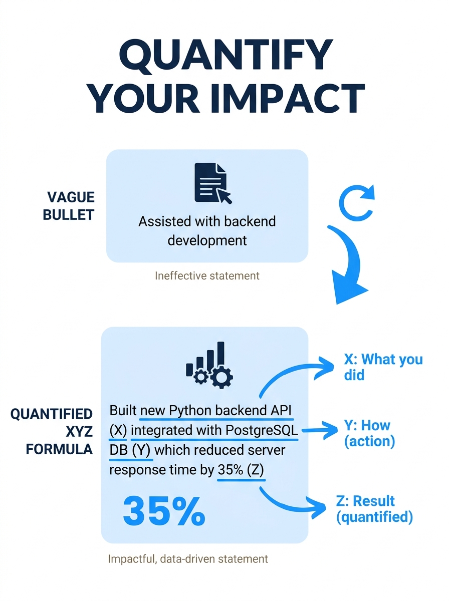 an infographic showing a side-by-side comparison of a vague resume bullet "Assisted with backend development" versus a quantified XYZ formula version, with labeled arrows pointing to the X, Y, and Z c