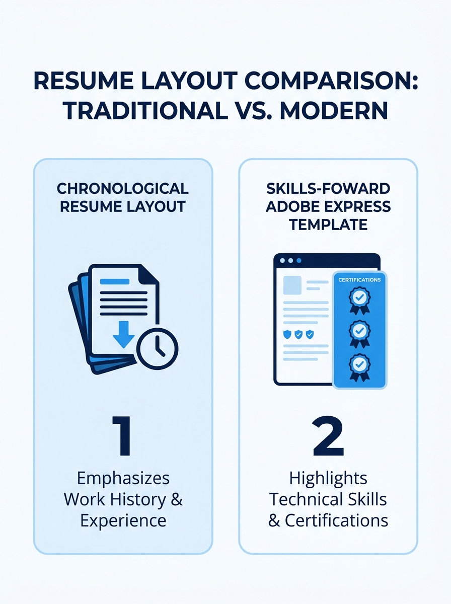 Side-by-side comparison of traditional chronological resume layout versus skills-forward two-column Adobe Express template showing technical certifications in prominent sidebar