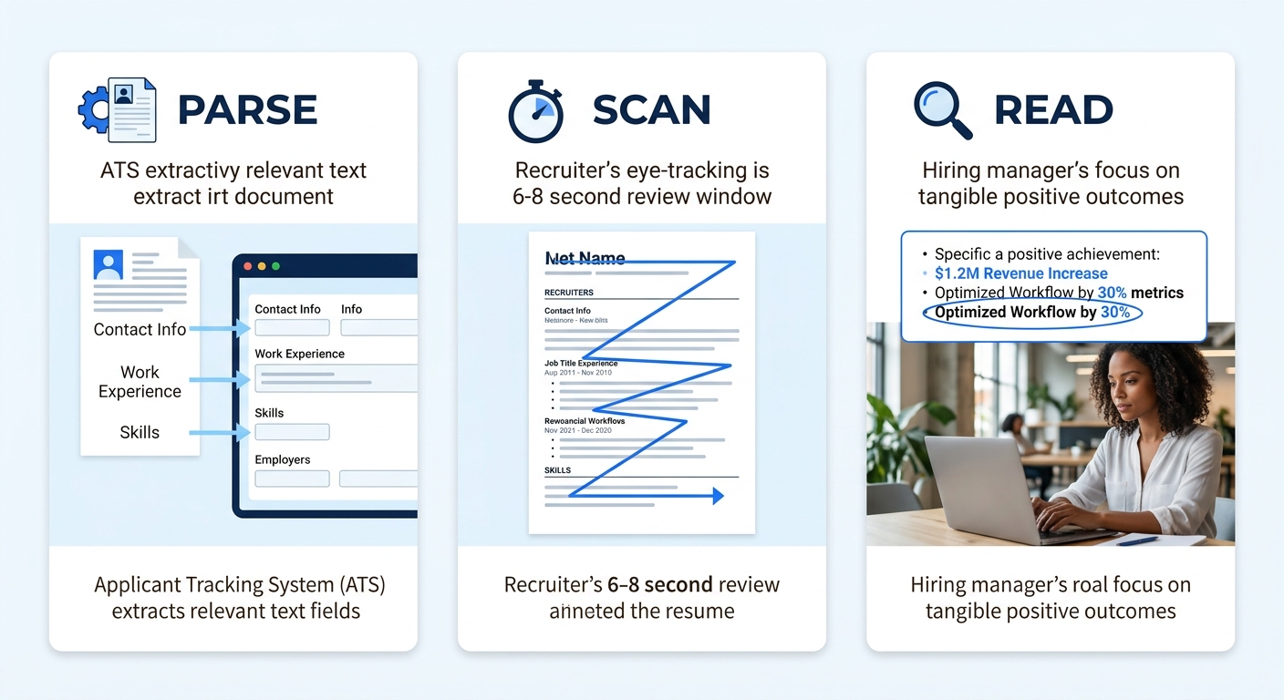 A three-stage horizontal flow diagram labeled Parse, Scan, and Read, showing what each stage evaluates - Parse stage shows ATS extracting text fields, Scan stage shows a recruiter's eye path across a
