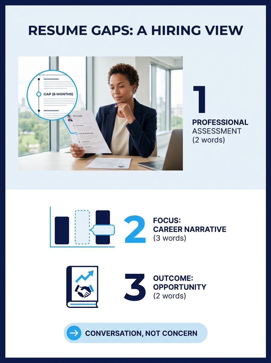 A hiring manager reviewing a resume at a desk with a visible timeline gap circled on the document, looking thoughtful rather than concerned, in a modern office setting with natural light