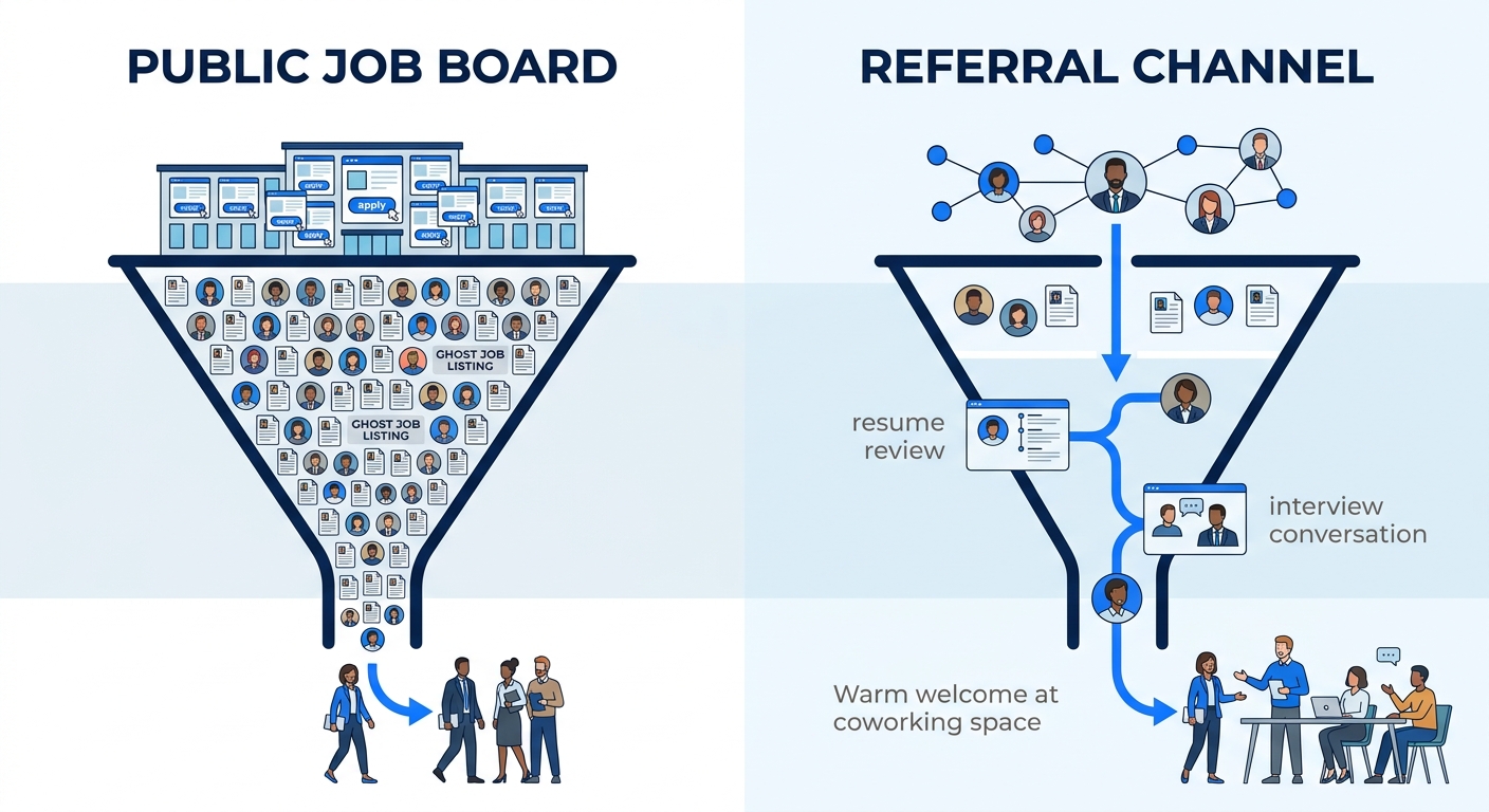 Illustration showing two job search funnels side by side — one labeled "Public Job Board" showing thousands of applicants narrowing to few hires with ghost job listings mixed in, and one labeled "Refe