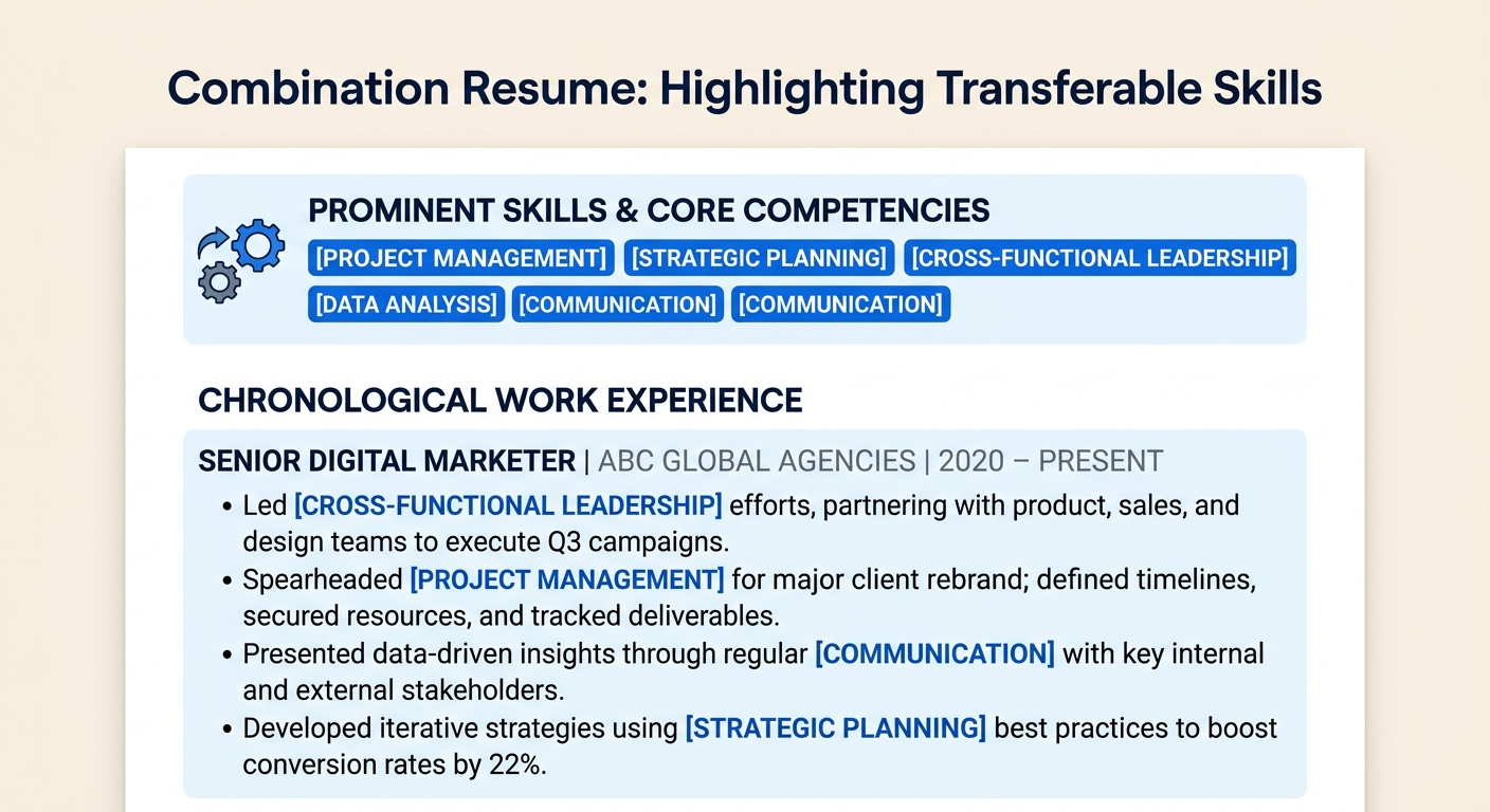 a resume page mock-up showing a combination format with a prominent skills section at the top containing highlighted transferable keywords, followed by work experience bullets that incorporate those s