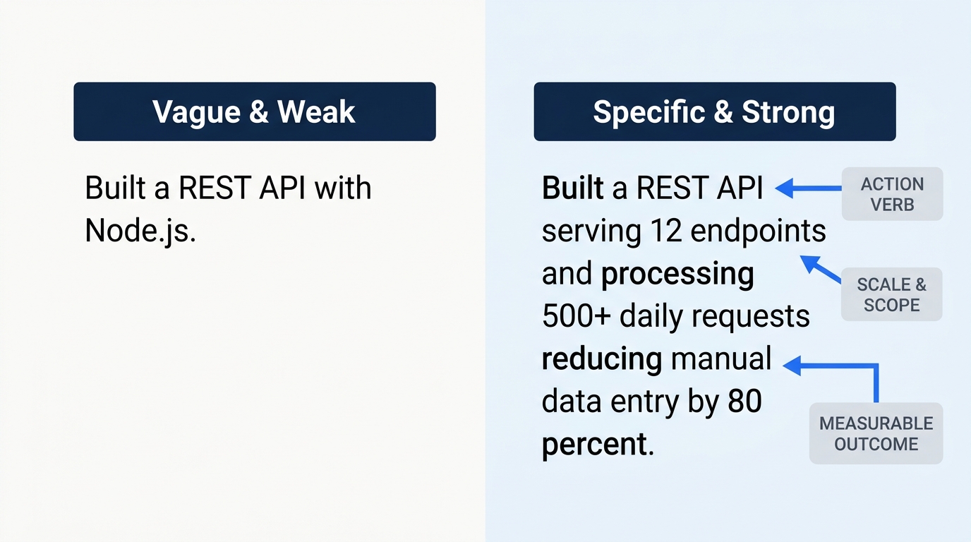 Infographic comparing two resume project bullet points side by side, one vague reading Built a REST API with Node.js and one specific with metrics reading Built a REST API serving 12 endpoints process